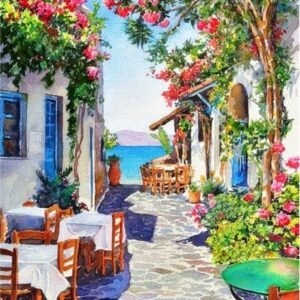 Diamond Painting Grieks Restaurantje voorbeeldafbeelding van het volledige ontwerp