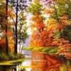 Diamond Painting - Herfstbos langs een rivier voorbeeldafbeelding van het volledige ontwerp