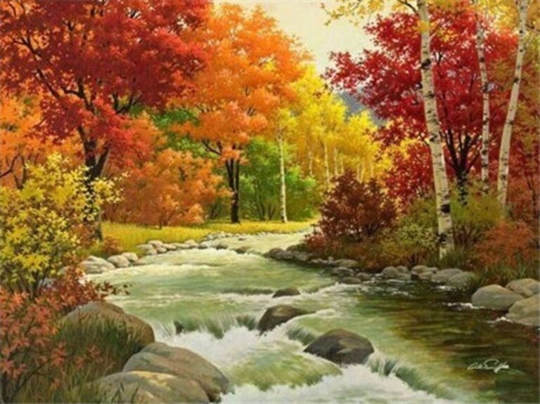 Diamond Painting Herfst Water voorbeeldafbeelding van het volledige ontwerp