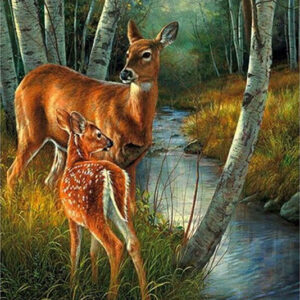 Diamond Painting - Hinde met jong in het bos voorbeeldafbeelding van het volledige ontwerp