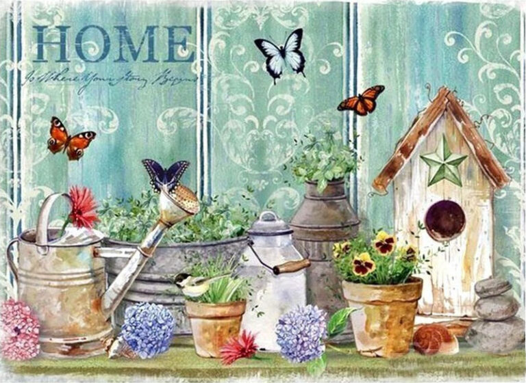 Diamond Painting - Home met vogelhuisje en bloemen voorbeeldafbeelding van het volledige ontwerp