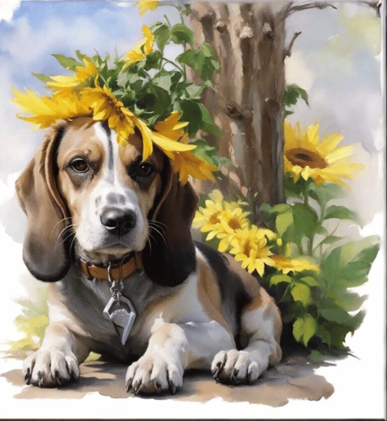 Diamond Painting Hond Met Zonnebloem voorbeeldafbeelding van het volledige ontwerp
