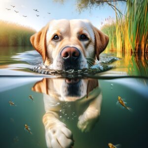 Diamond Painting Hond Vrolijk Door Het Water voorbeeldafbeelding van het volledige ontwerp