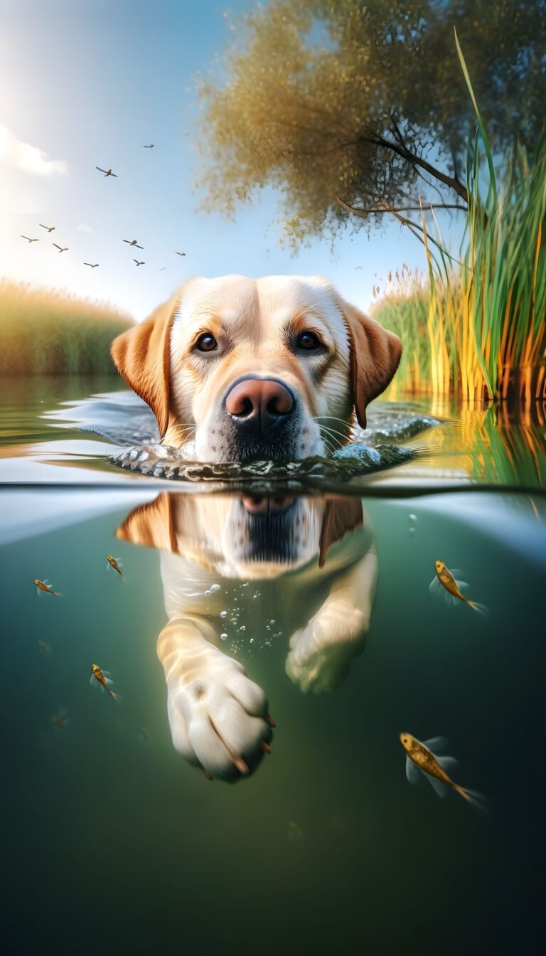 Diamond Painting Hond Vrolijk Door Het Water voorbeeldafbeelding van het volledige ontwerp