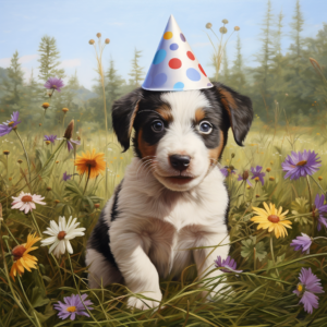 Diamond Painting Hond met Verjaardagshoed voorbeeldafbeelding van het volledige ontwerp
