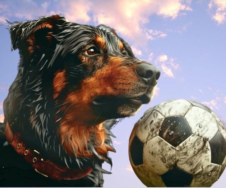 Diamond Painting Hond met voetbal voorbeeldafbeelding van het volledige ontwerp