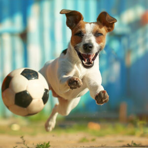 Diamond Painting Hond speelt met voetbal voorbeeldafbeelding van het volledige ontwerp
