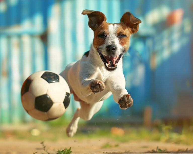Diamond Painting Hond speelt met voetbal voorbeeldafbeelding van het volledige ontwerp
