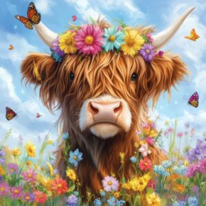 Diamond Painting Hooglander met bloemen voorbeeldafbeelding van het volledige ontwerp