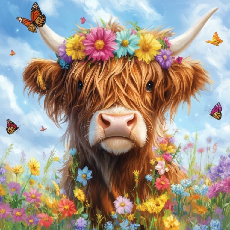 Diamond Painting Hooglander met bloemen voorbeeldafbeelding van het volledige ontwerp