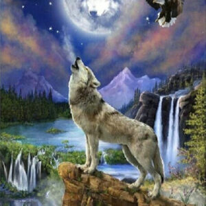 Diamond Painting - Huilende wolf bij maan en waterval voorbeeldafbeelding van het volledige ontwerp