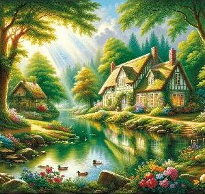Diamond Painting Huis In Bos voorbeeldafbeelding van het volledige ontwerp