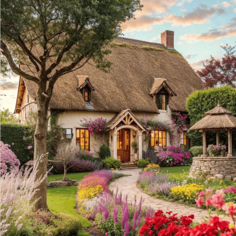Diamond Painting Huis Rieten Dak Bloementuin voorbeeldafbeelding van het volledige ontwerp