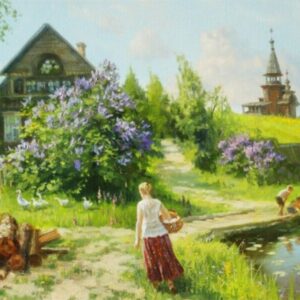 Diamond Painting - Huisje aan het water in de lente voorbeeldafbeelding van het volledige ontwerp