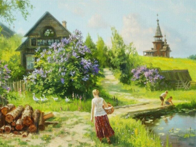 Diamond Painting - Huisje aan het water in de lente voorbeeldafbeelding van het volledige ontwerp
