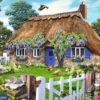 Diamond Painting - Rieten boerderij met paarse bloemen voorbeeldafbeelding van het volledige ontwerp