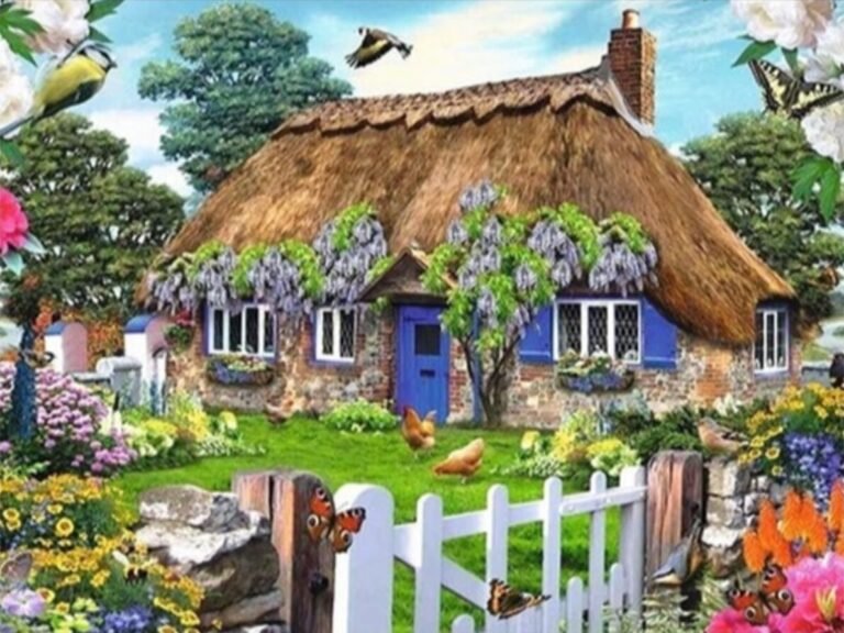 Diamond Painting - Rieten boerderij met paarse bloemen voorbeeldafbeelding van het volledige ontwerp
