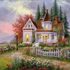 Diamond Painting - Victoriaans huisje bij avondlicht voorbeeldafbeelding van het volledige ontwerp