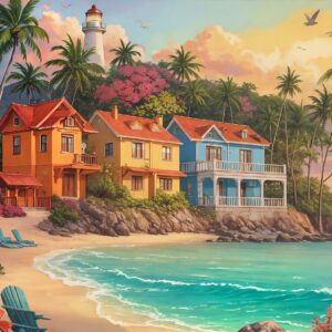 Diamond Painting Huizen aan het strand voorbeeldafbeelding van het volledige ontwerp