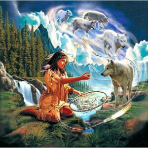 Diamond Painting Indiaan Met Dromerige Wolven voorbeeldafbeelding van het volledige ontwerp