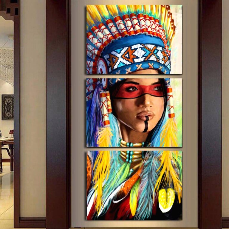 Diamond Painting Indianen Vrouw Kleuren Drie Luiken voorbeeldafbeelding van het volledige ontwerp