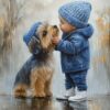 Diamond Painting Jongen met hond in de regen voorbeeldafbeelding van het volledige ontwerp