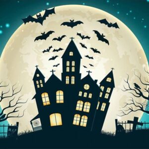 Diamond Painting Kasteel Halloween voorbeeldafbeelding van het volledige ontwerp