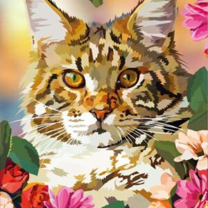 Diamond Painting Kat Met Bloemen Elvira Clement voorbeeldafbeelding van het volledige ontwerp