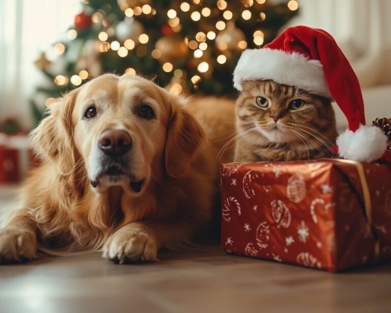 Diamond Painting Kat en hond tijdens kerstmis voorbeeldafbeelding van het volledige ontwerp