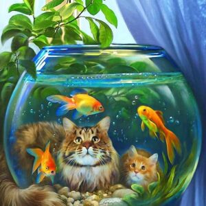 Diamond Painting Katten Bij Vissenkom voorbeeldafbeelding van het volledige ontwerp