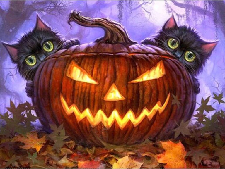 Diamond Painting Katten Halloween voorbeeldafbeelding van het volledige ontwerp