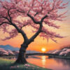Diamond Painting Kersenbloesem bij zonsondergang voorbeeldafbeelding van het volledige ontwerp