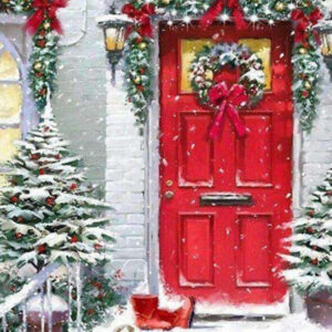 Diamond Painting Kerst Sneeuw Rode deur voorbeeldafbeelding van het volledige ontwerp