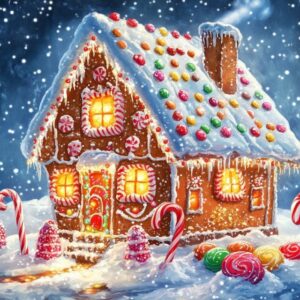 Diamond Painting Kerst peperkoekhuis voorbeeldafbeelding van het volledige ontwerp