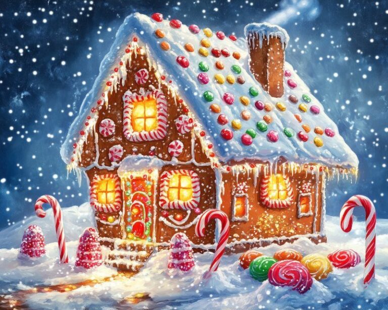 Diamond Painting Kerst peperkoekhuis voorbeeldafbeelding van het volledige ontwerp