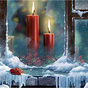 Diamond Painting - Rode kerstkaarsen in het raam voorbeeldafbeelding van het volledige ontwerp