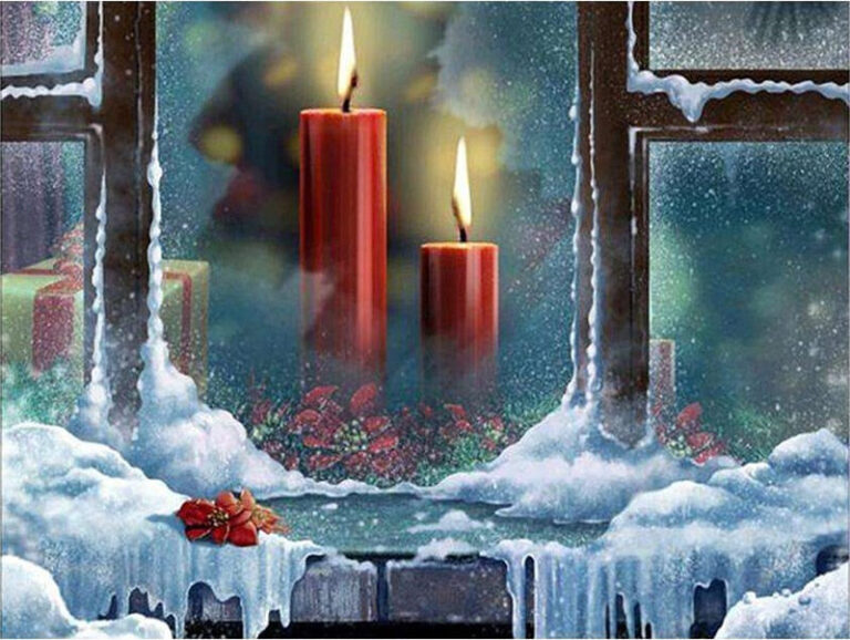 Diamond Painting - Rode kerstkaarsen in het raam voorbeeldafbeelding van het volledige ontwerp