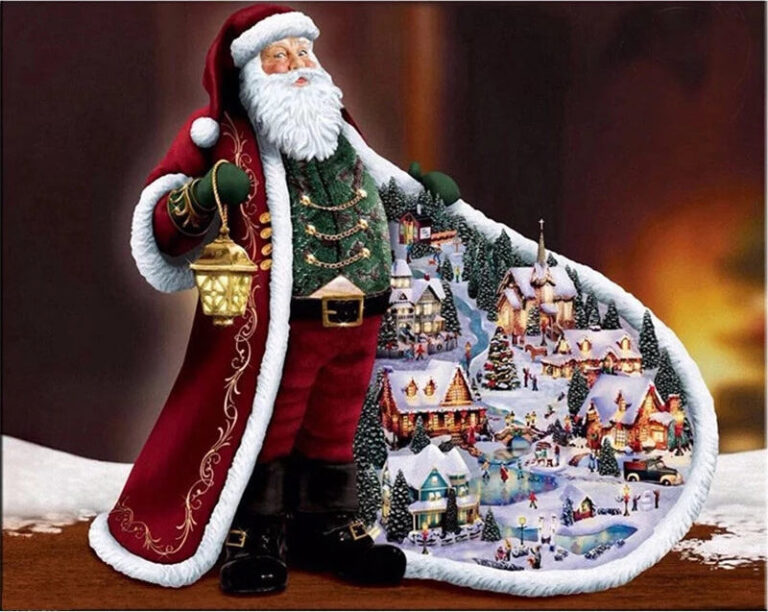 Diamond Painting - Kerstman met miniatuur kerstdorp voorbeeldafbeelding van het volledige ontwerp