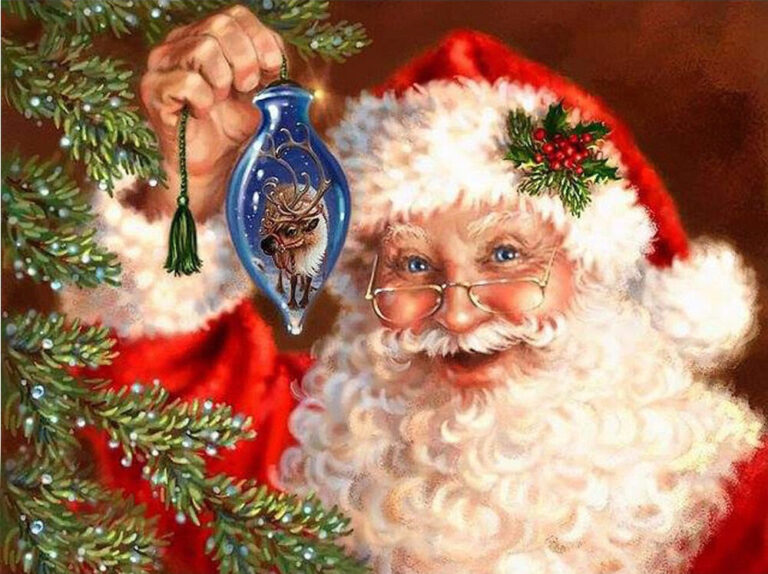 Diamond Painting - Kerstman met blauwe kerstbal voorbeeldafbeelding van het volledige ontwerp