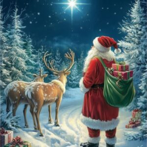 Diamond Painting Kerstman met zijn rendieren 's nachts voorbeeldafbeelding van het volledige ontwerp