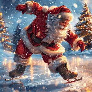 Diamond Painting - Kerstman schaatsend op het ijs voorbeeldafbeelding van het volledige ontwerp