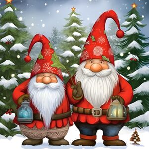 Diamond Painting - Twee kerstmannen in het bos voorbeeldafbeelding van het volledige ontwerp