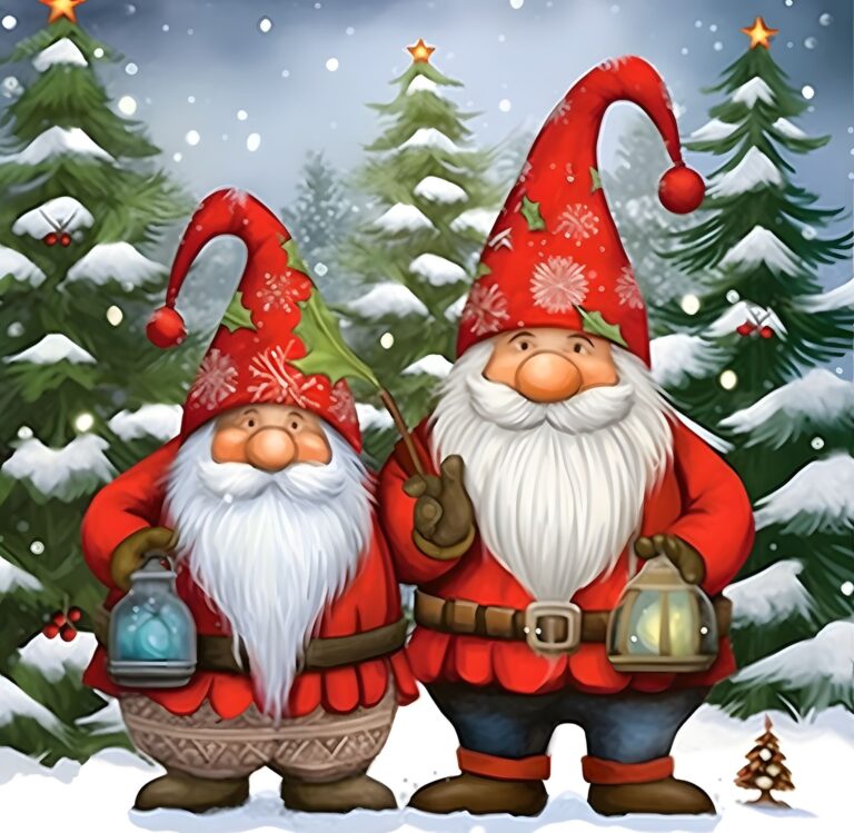 Diamond Painting - Twee kerstmannen in het bos voorbeeldafbeelding van het volledige ontwerp