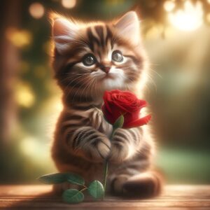 Diamond Painting Kitten Met Een Rode Roos voorbeeldafbeelding van het volledige ontwerp