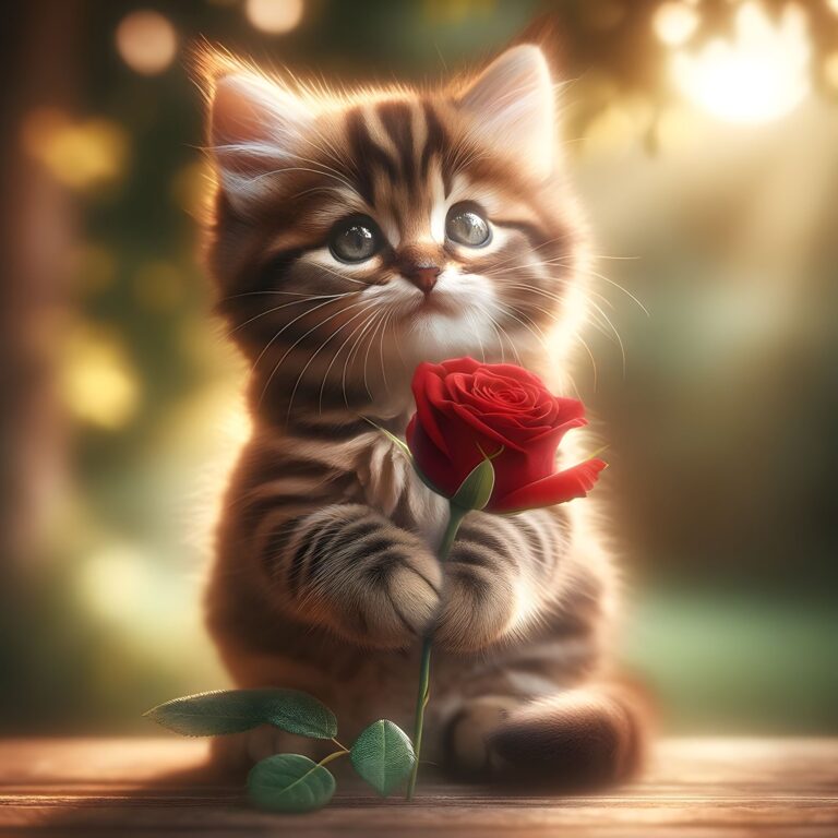 Diamond Painting Kitten Met Een Rode Roos voorbeeldafbeelding van het volledige ontwerp