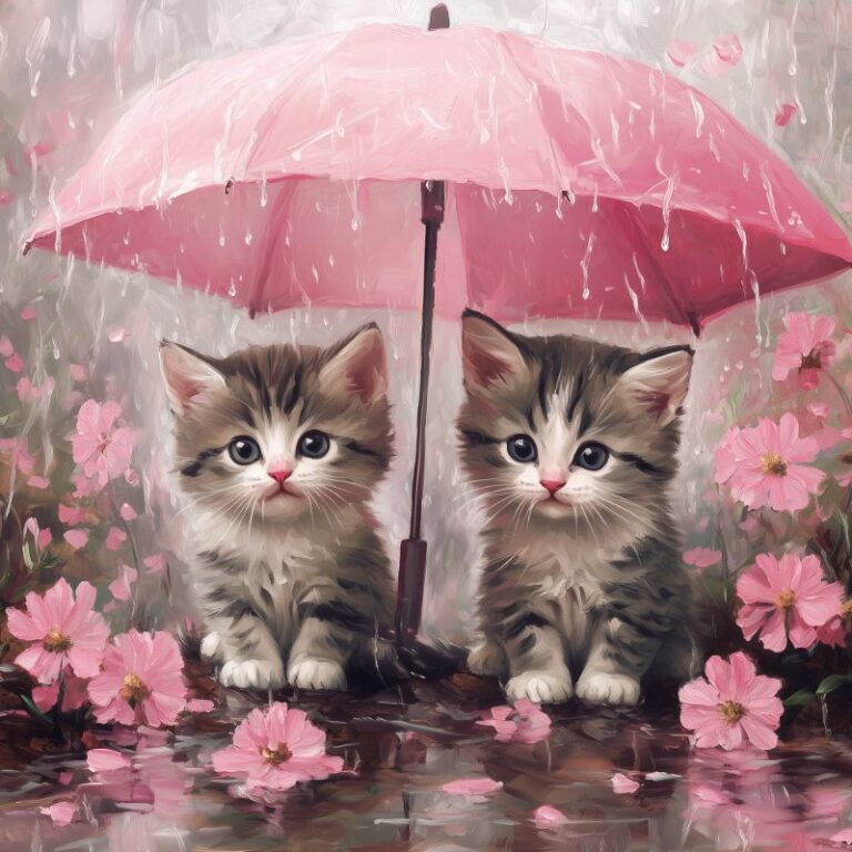 Diamond Painting Kittens onder de paraplu voorbeeldafbeelding van het volledige ontwerp
