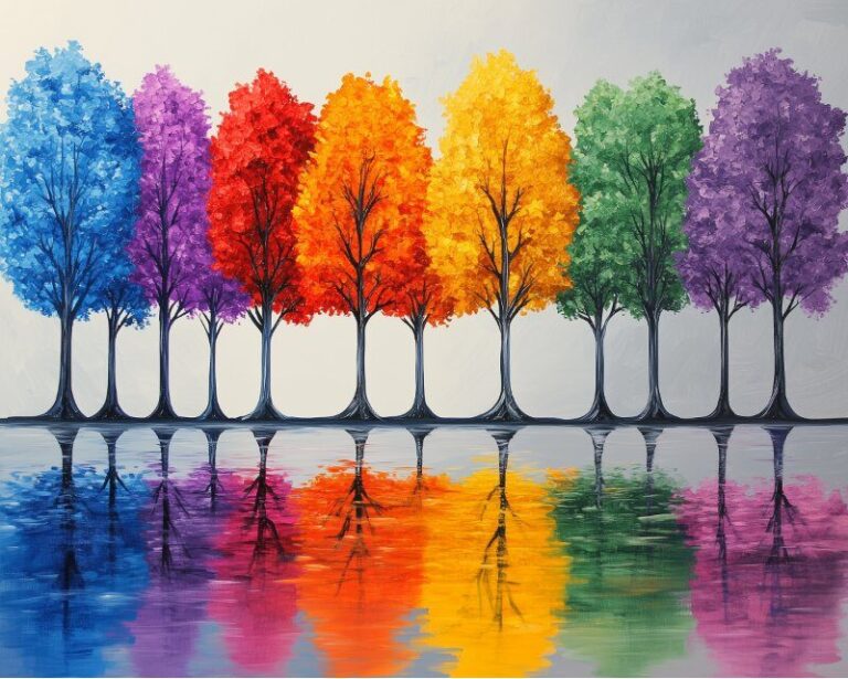 Diamond Painting Kleurrijke Bomen reflectie voorbeeldafbeelding van het volledige ontwerp