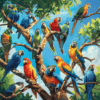 Diamond Painting Kleurrijke Papegaaien in de boom voorbeeldafbeelding van het volledige ontwerp