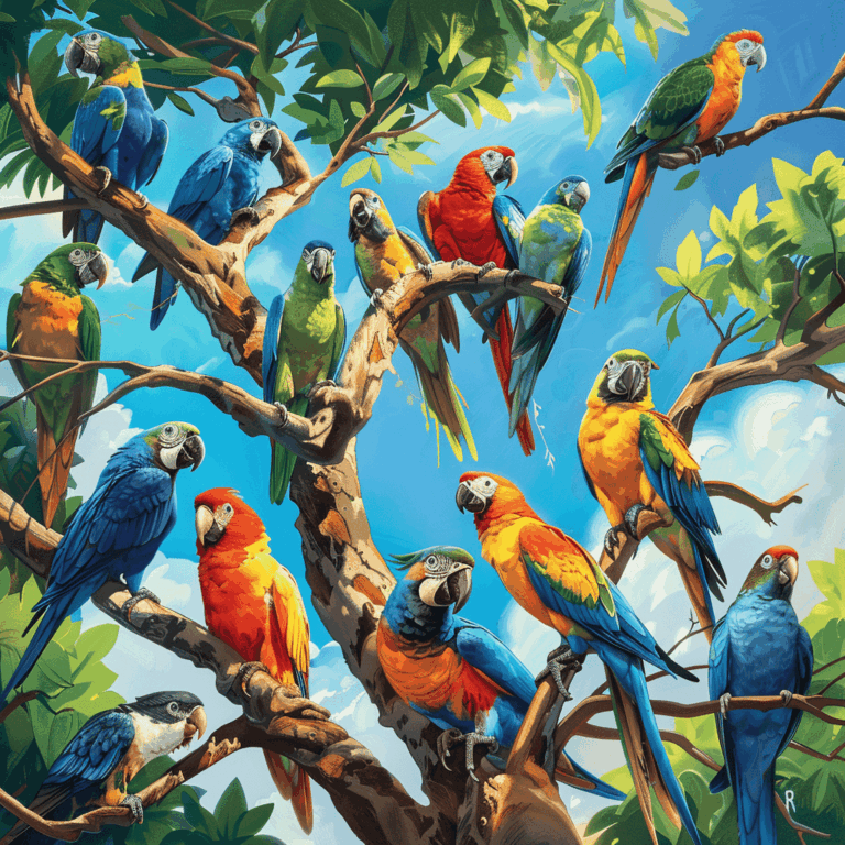 Diamond Painting Kleurrijke Papegaaien in de boom voorbeeldafbeelding van het volledige ontwerp