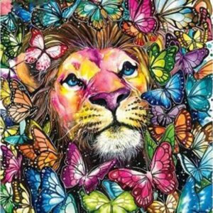 Diamond Painting Kleurvolle Leeuw - Vlinders voorbeeldafbeelding van het volledige ontwerp
